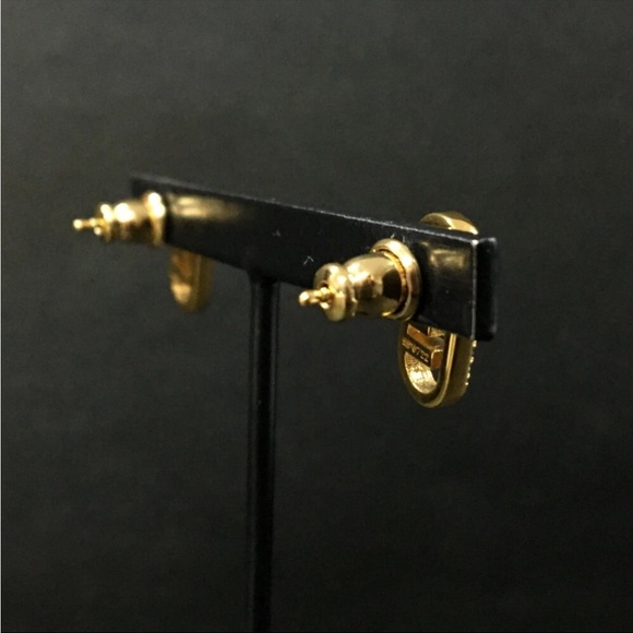 FENDI FF Logo Rhinestone Gold Tone Pierced Earrings - Picture 3 of 7